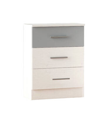 Mesita de noche Allo de 3 cajones, 46 × 36 × 66 cm - Blanco / cajón plata