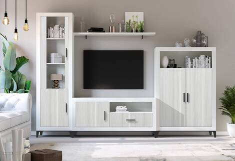 Mueble de salón Olagüe de 300 cm con vitrina, mueble TV y bodeguero