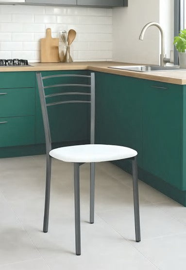 Silla Cárcar de metal gris con asiento de polipiel blanca